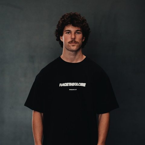 The tee, front, on the model